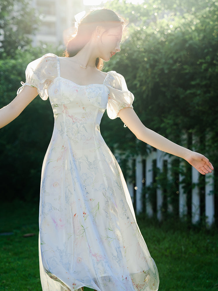 Dress with wavy sleeve, White with flowers, papaveri. main image 0
