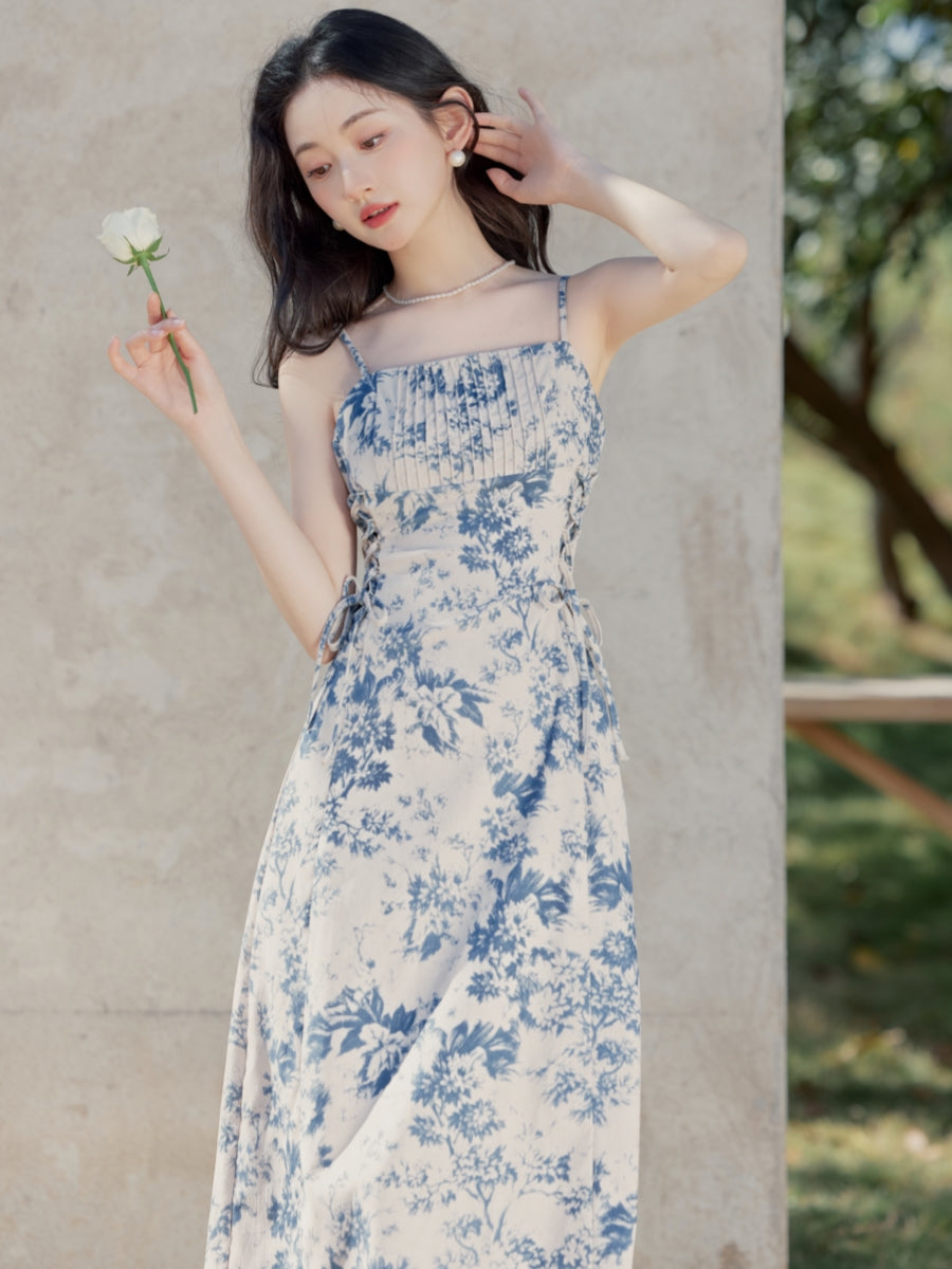 Vintage Flouncing Cardigan Lace Up Flower Slip Dress Two Piece Set main image 0