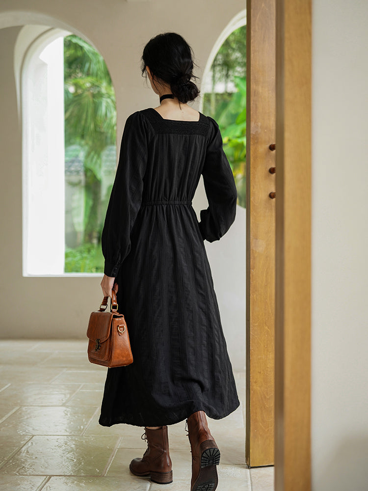 100% Cotton Black Retro Midi Dress– The Cottagecore