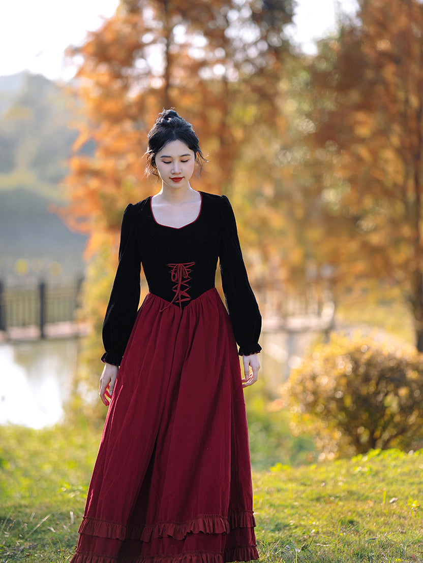 victorian black and red dress Gothic Black and Red Prom Dresses Lace Applique Ruffles Medieval Victorian Gowns