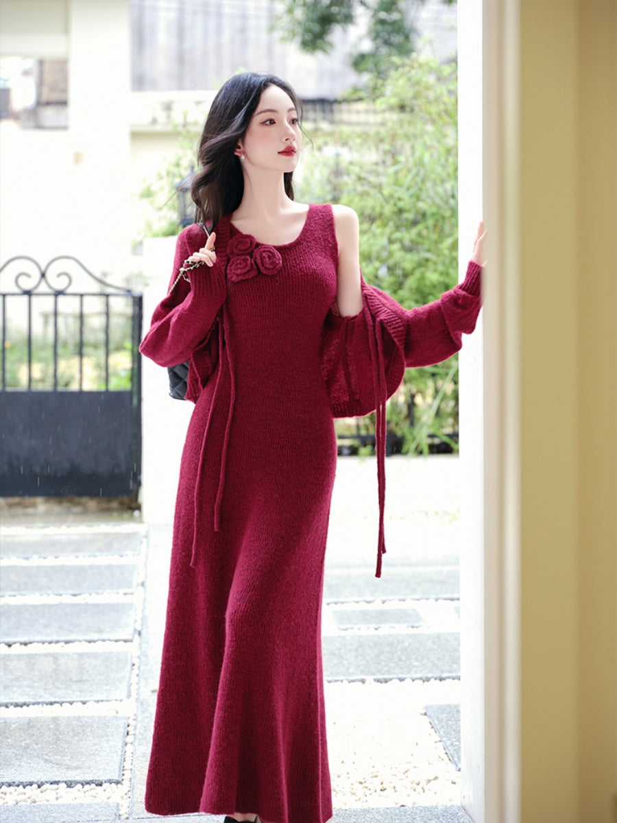 Textured Knit Cardigan and Dress Two-Piece Set