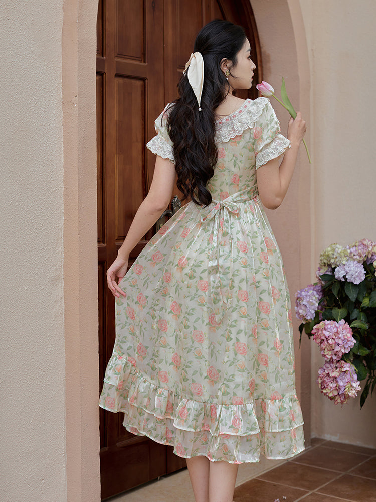 floral dress cottagecore Floral Linen Dress with Lace Edging