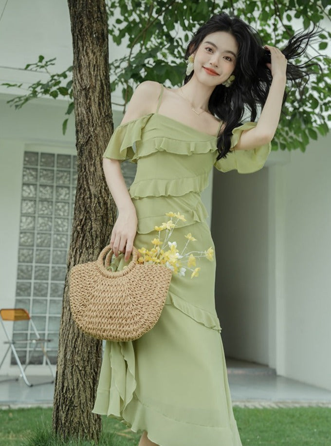 off the shoulder cottagecore dress Off Shoulder Ruffled Slit Dress– The Cottagecore