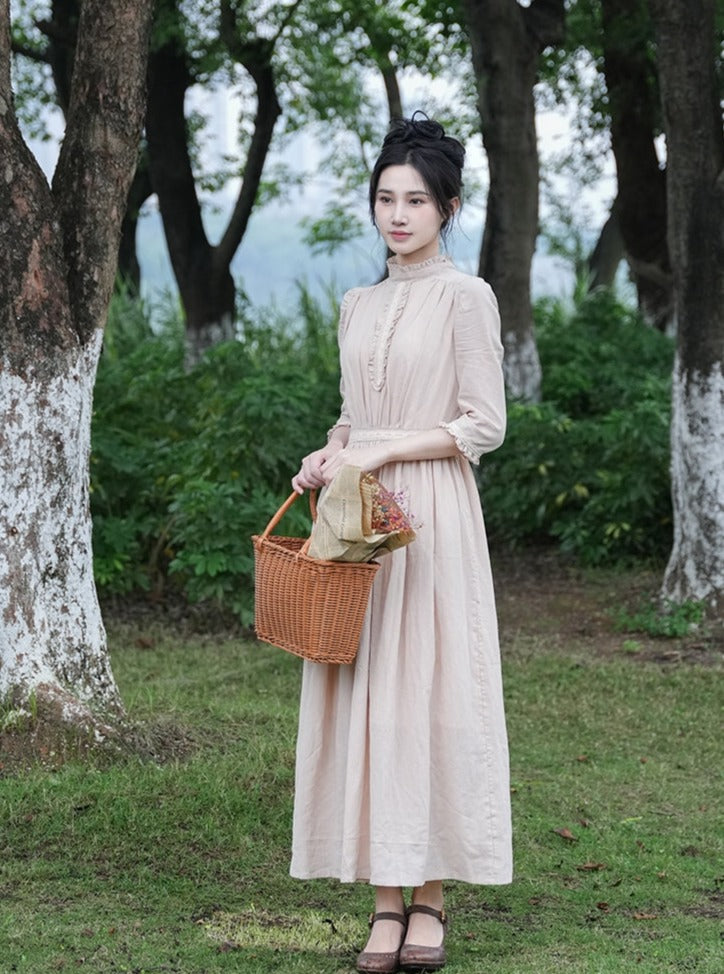 Retro Stand Collar Belted Boho Dress main image 0