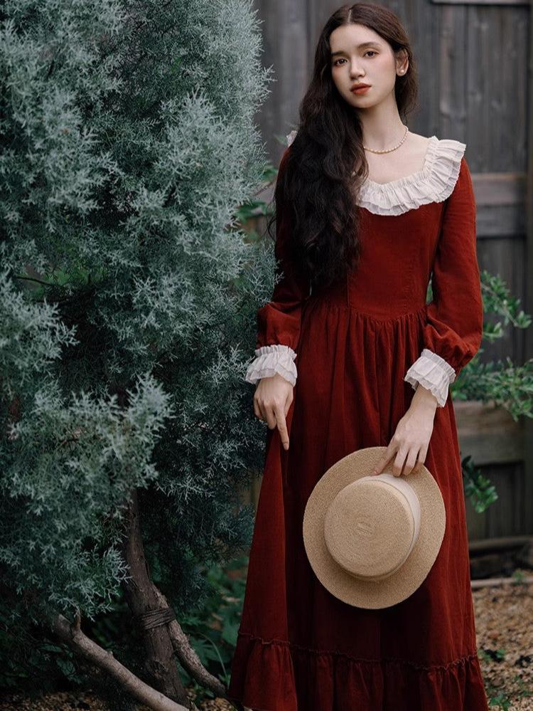 Royalcore Cotton Corduroy Red Dress– The Cottagecore
