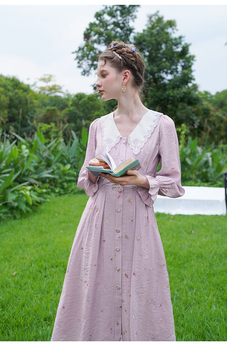 Embroidered Rose Collar Romantic Dress The Cottagecore