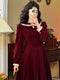 Vintage Wine-red Long Sleeve Velvet Dress