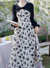 Elegant Floral Dress + Chiffon Cover Top Fake 2pcs Set