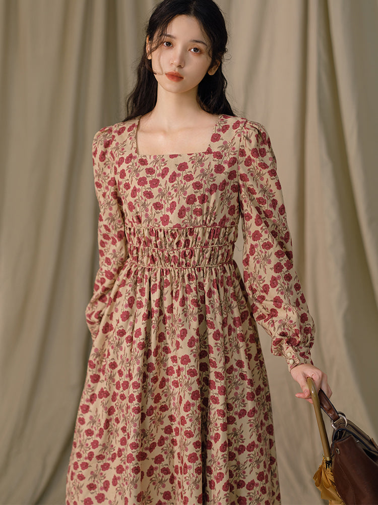 Retro square neck smudged ink painting floral dress