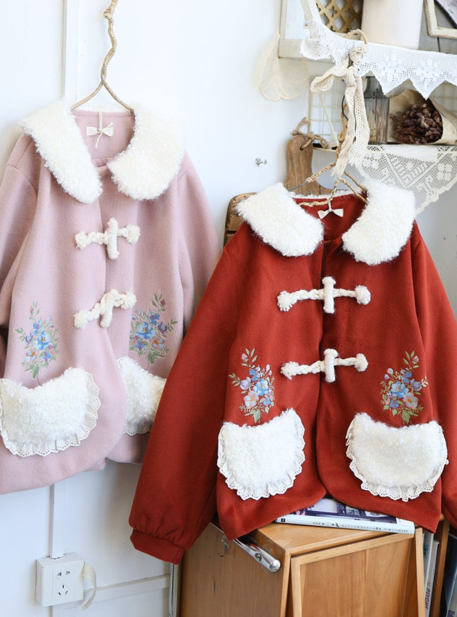 Fleece Collar Embroidered Coat– The Cottagecore
