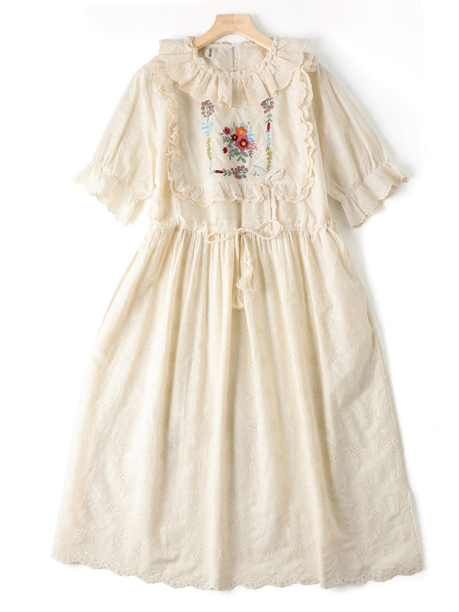 Cotton Lace Trim Drawstring Dress With Brooch