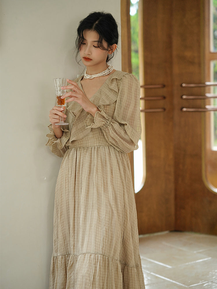 V Neck Chiffon Dress with Streamer at Back Strap Rust