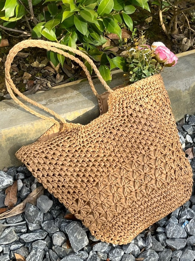 Chic Large Bag Straw Tote with Straps Leather Boho main image 0