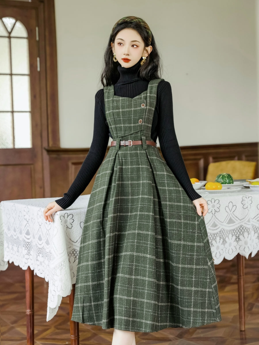 Knit Shirt Plaid Pinafore Dress 2pcs Set