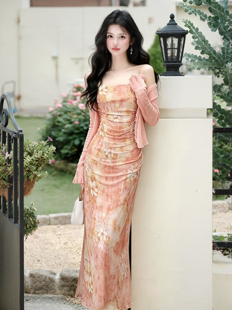 French-Style Oil Painting Print Slip Dress 2pcs Set