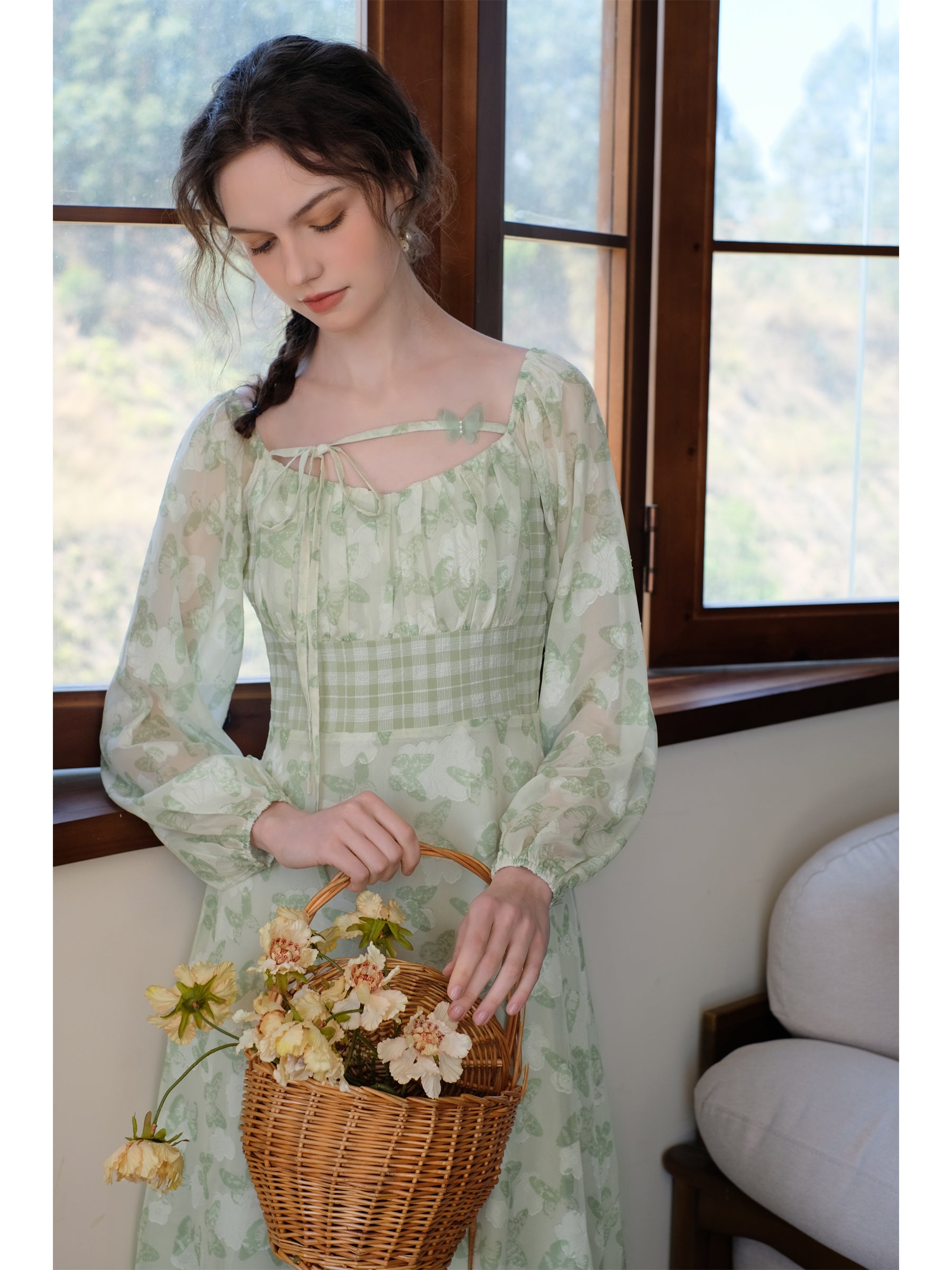 green emerald velvet dress Flowy Tulle Sage Green Cottagecore Dress with Sleeves main image 0