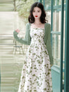 Green Floral Vacation Dress + Cardigan 2pcs Set
