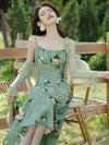 Romantic Green Floral Dress + Ruffled Cardigan 2pcs Set
