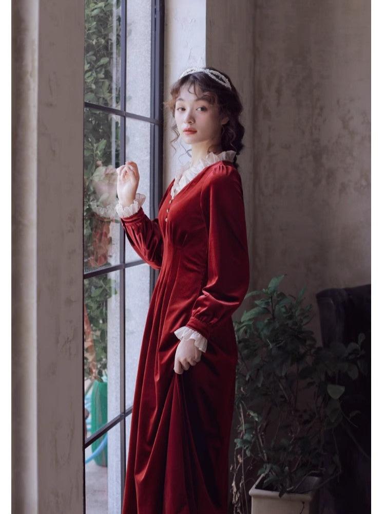 knee length dresses for ladies Victorian Red Velvet Dress– The Cottagecore