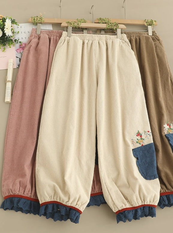 Cute Corduroy Bloomers With Lace Hem