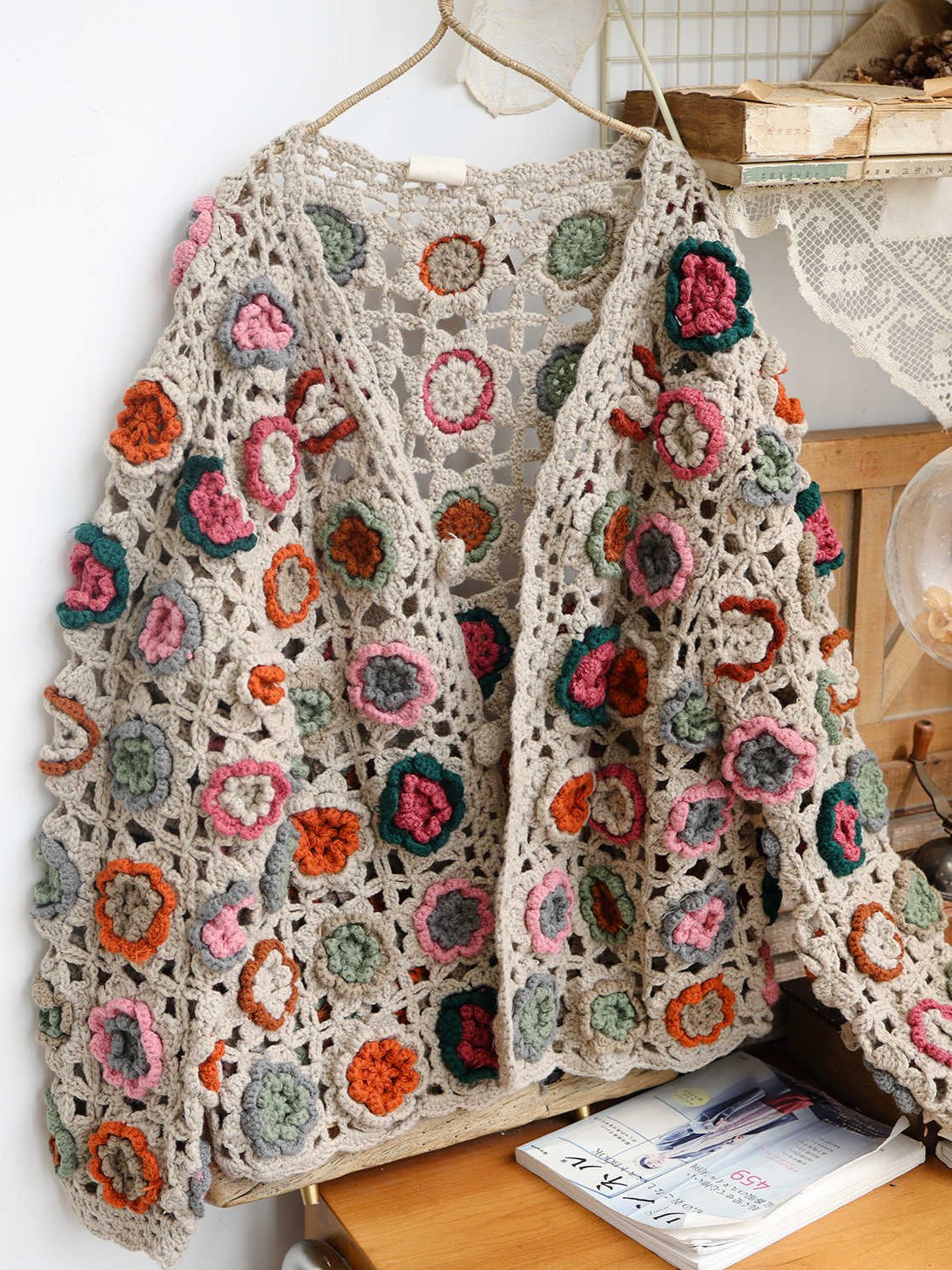 Fully Hand Crocheted 3D Flowers Wool Cardigan