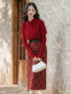 Vintage Caped Knit Top + Plaid Long Skirt 2pcs Set (Belt Included)