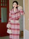 Vintage Coat +Plaid Skirt 2pcs Set