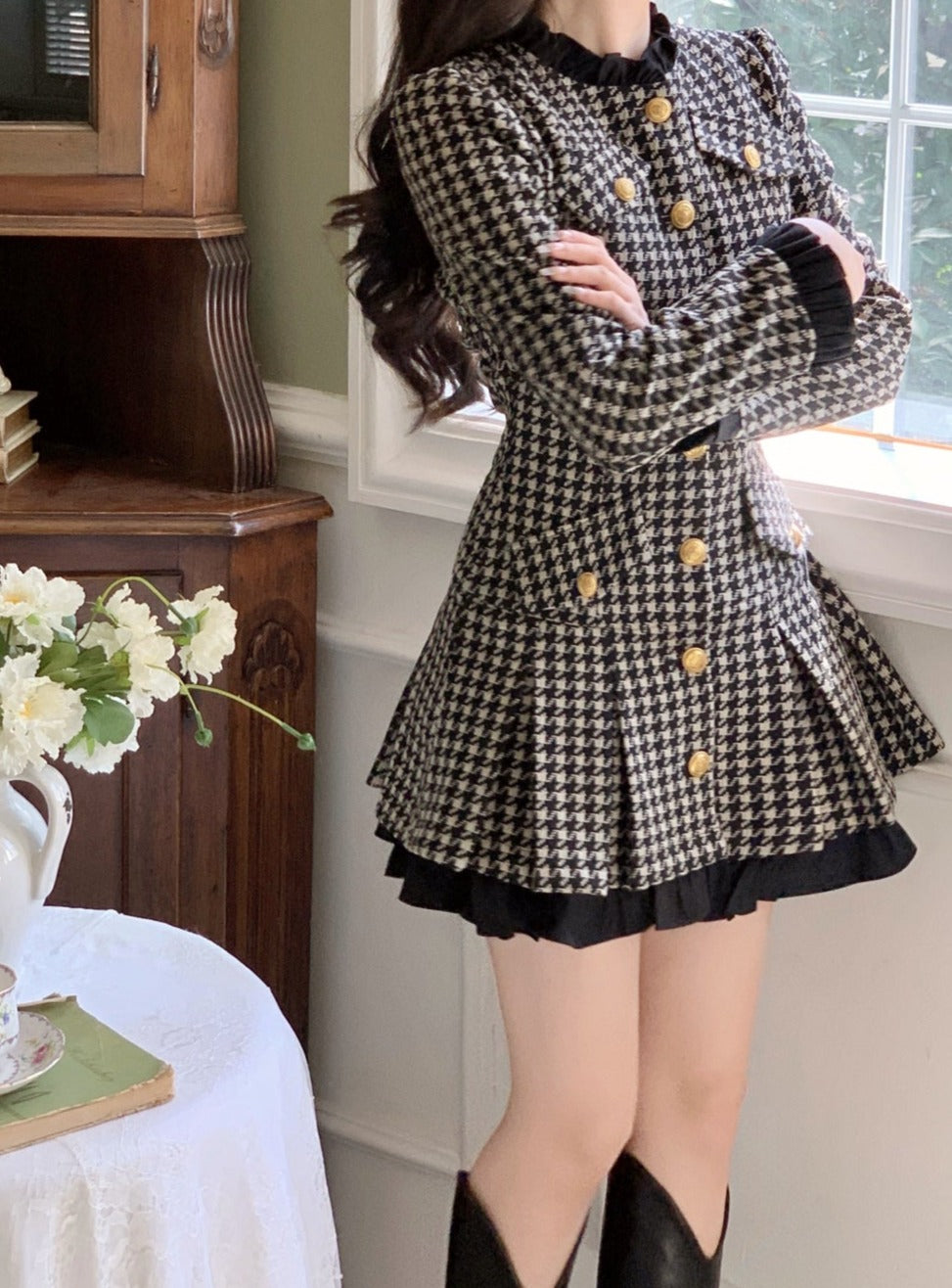 ANGIE HOUNDSTOOTH PRINT VINTAGE RUFFLE COLLAR MINI DRESS