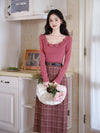 Romantic 3D Flower Neck Top + Plaid Long Skirt