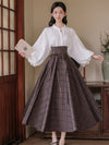 Royal Puffy Sleeve Shirt + Plaid Skirt