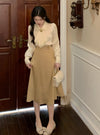 Vintage Elegant Shirt With Brooch + Skirt 2pcs Set