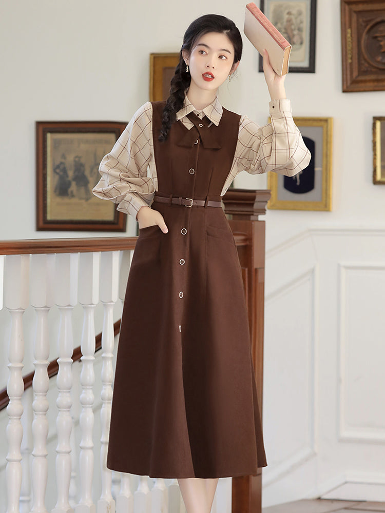 Vintage Plaid Blouse + Pinafore Dress 2pcs Set– The Cottagecore