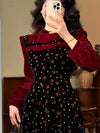 Vintage Velvet Floral Faked 2pcs Dress