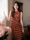 Retro Drawstring Plaid Dress + Knit Cardigan