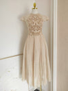 Beige Embroidered Pleated Dress