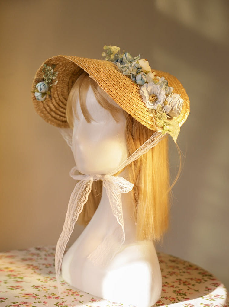 Lace Up Blue Floral Straw Bonnet Hat– The Cottagecore display picture 1