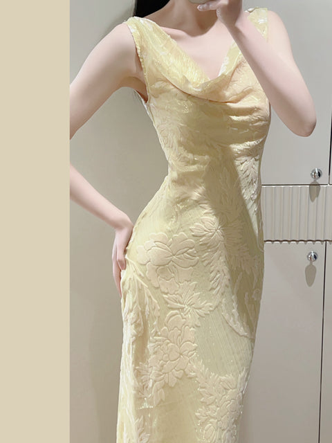 Velvet Draped Neck Fishtail Dress - The Cottagecore