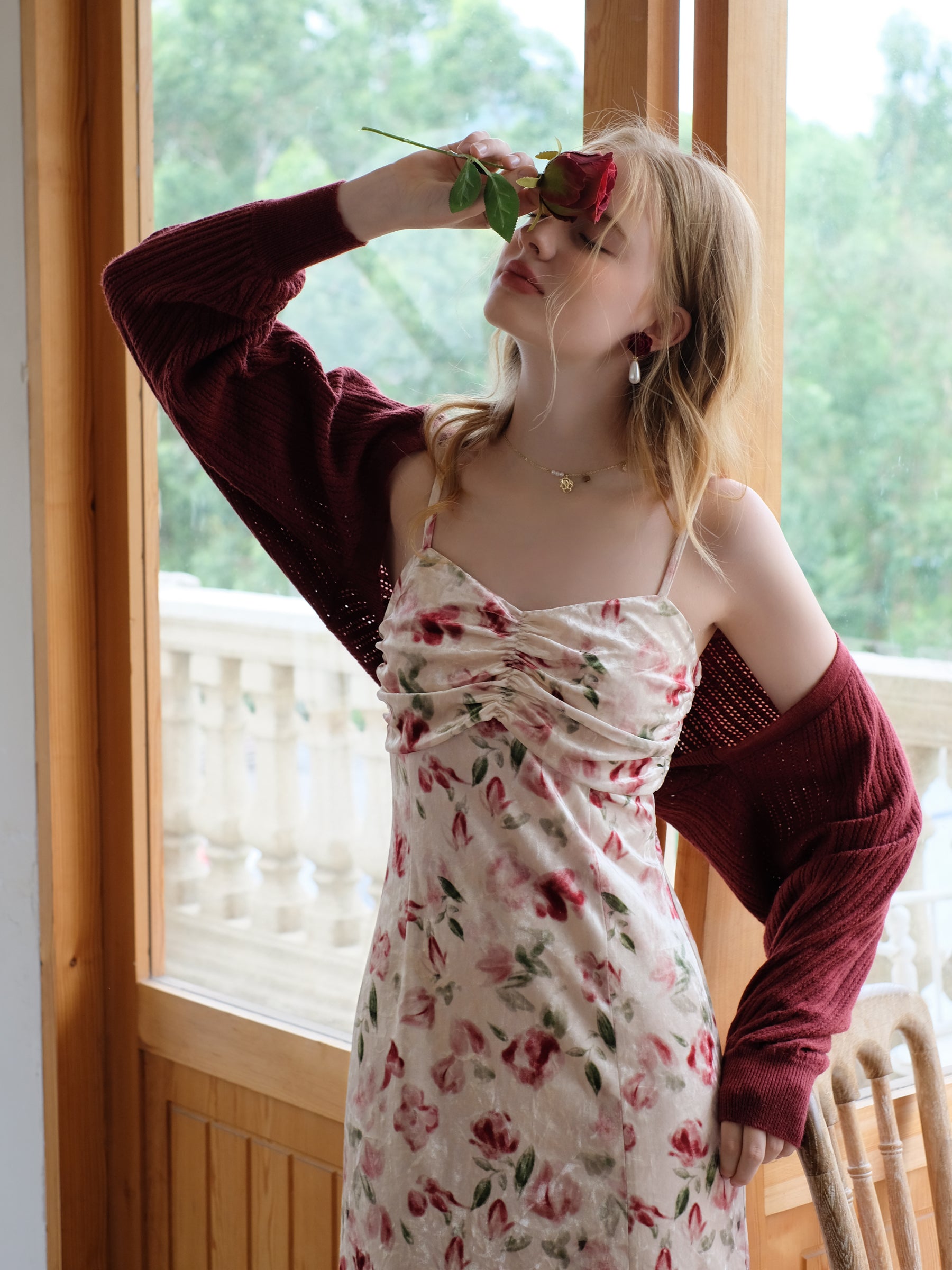 Vintage Bell Sleeve Cardigan Floral Print Slip Dress Two Piece Set