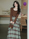 Frilled Halter Knit Top + Plaid Long Skirt 2pcs Set