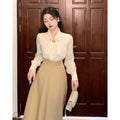 Vintage Elegant Shirt With Brooch + Skirt 2pcs Set