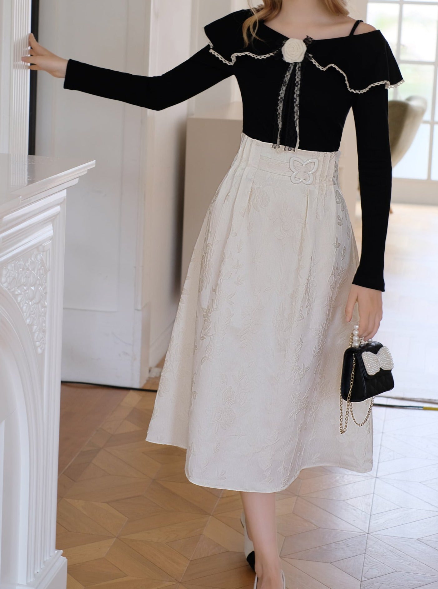 Floral Jacquard Skirt White