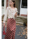 Romantic Ruffled Sleeve Embroidery Shirt + Plaid Fishtail Skirt 2pcs Set