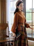 Elegant Sweater +Plaid Skirt 2pcs Set