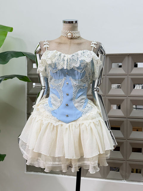 Lace-Trimmed Ruffled Seersucker 2pcs Set - The Cottagecore