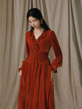 Classy Ruffled V Neck Red Velvet Dress