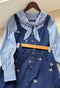 Vintage Academia Striped Blouse + Denim Vest + Skirt 3pcs Set