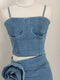 Draped Bow Denim Top + Skirt 2pcs Set