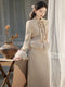 Vintage Faux Fur Sleeve Top + Long Skirt 2pcs Set