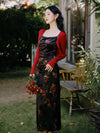 Vintage Floral Velvet Sling Dress + Red Knitted Cardigan 2pcs Set