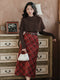 Vintage Caped Knit Top + Plaid Long Skirt 2pcs Set (Belt Included)